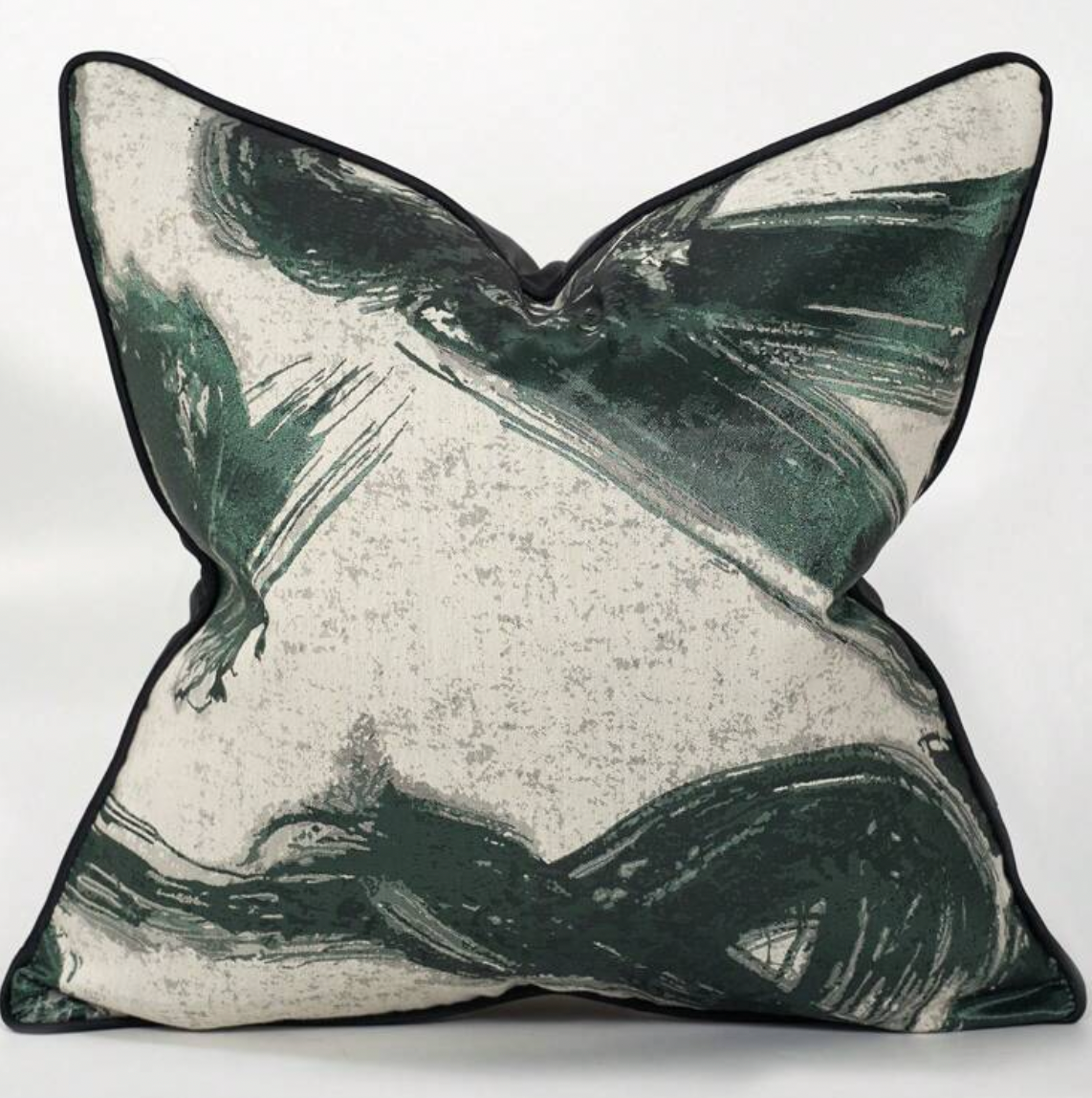 Signature Abstract Brushstroke Emerald, Black & Beige Cushion Cover